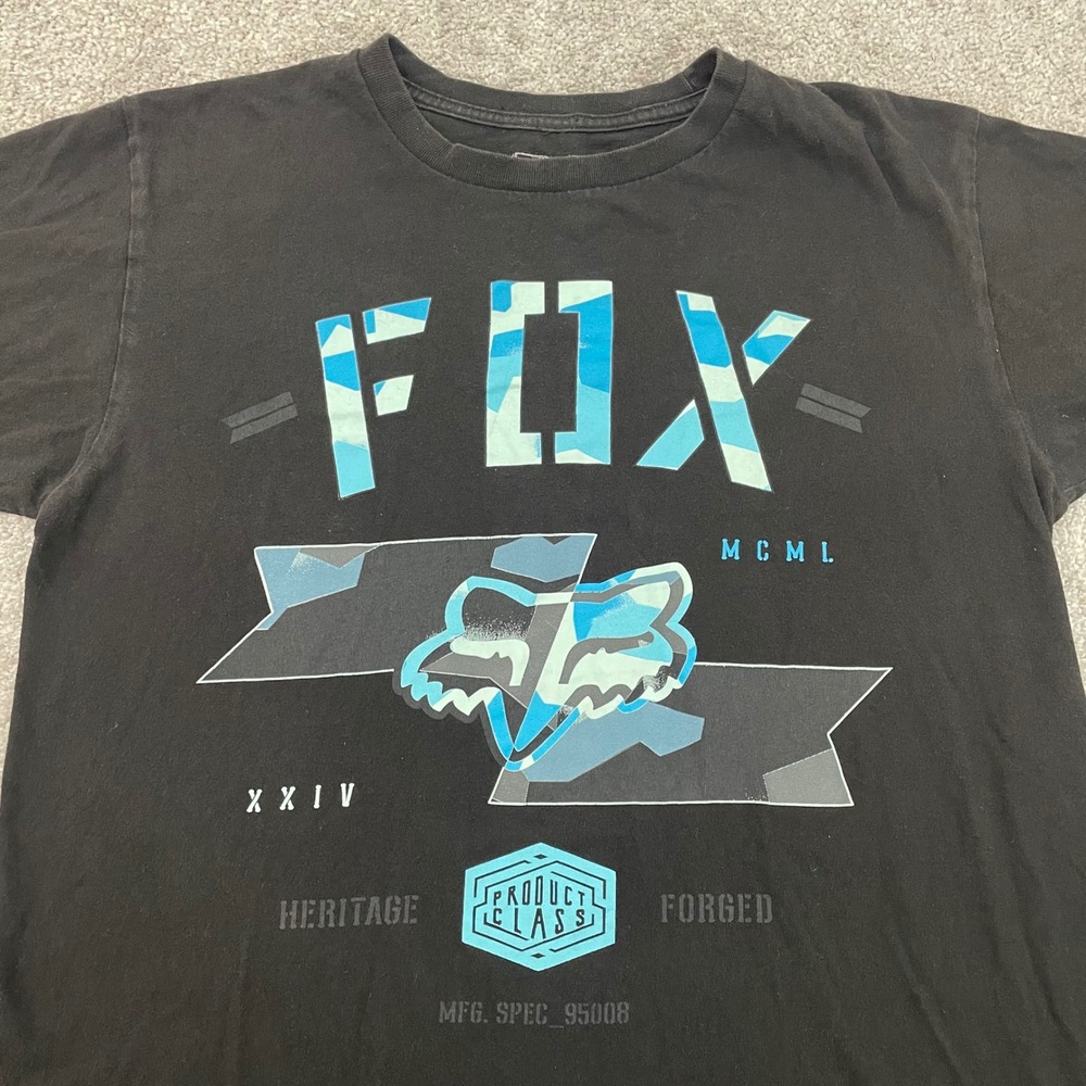 Fox Racing T Shirt Mens Large Regular Fit Black Blue Camo Graphic Forged
